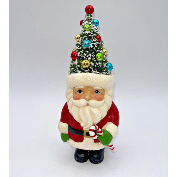 Unbranded Other - Retro Christmas Santa Holding Candy Cane Bottle Brush Tree Head Ho Ho Ho Holiday